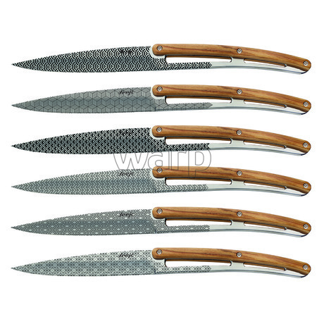 Deejo 2AB013 sada 6 steak nožů, lesklý povrch, olivové dřevo, design Geometry 1 